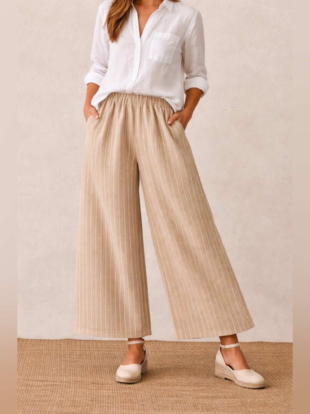 GIUSY Made in Italy Linen Wide Leg Pants Striped Elastic Waist Small